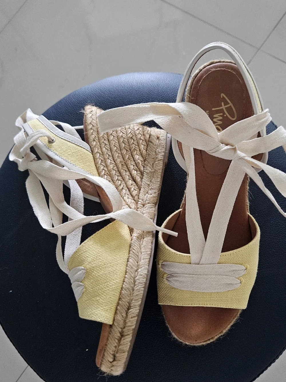 Ina Yellow Espadrille Wedge Sandals with Ivory Ankle Ties, Made In Spain, Size 8